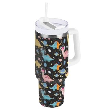Imagem de Copo grande com isolamento de outono com tampa e canudo, copo à prova de derramamento preto de dinossauros com canudo