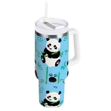Imagem de ODAWA Copo grande preto branco Pandas azul isolado copo com alça e canudo, tampa 2 em 1 isolado a vácuo copo isolado a vácuo