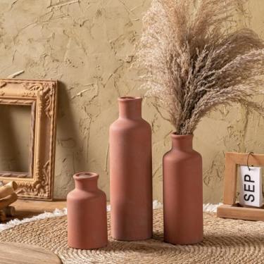 Imagem de Conjunto de 3 vasos de cerâmica, vasos de flores decorativos rústicos para casa de fazenda, decoração de casa, cornija de prateleira de mesa, sala de estar, entrada, centro de mesa de cozinha – marrom