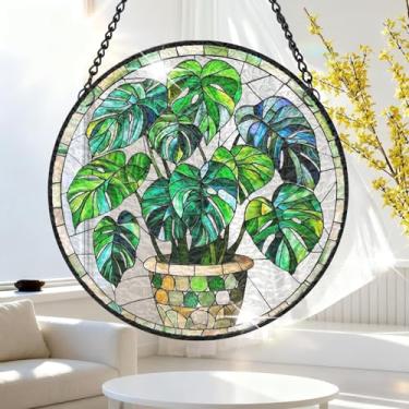 Imagem de 1 peça de decoração para pendurar apanhador de sol de acrílico colorido, planta Monstera em vaso 18 cm, decoração de janela com design de vitral impresso, ideia de presente e ornamento de jardim, uso
