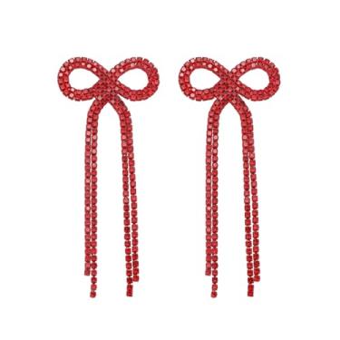 Imagem de Brincos de laço para mulheres lustre com borla – strass brilhante e detalhes de cristal com laço prateado, pingente leve para noiva (DTE1516286S), Large, Strass, Strass