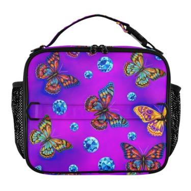 Imagem de Joisal Lancheira roxa vibrante de borboletas coloridas para mulheres, meninas, lancheira masculina e infantil, lancheira para trabalho, bolsa térmica portátil para meninos