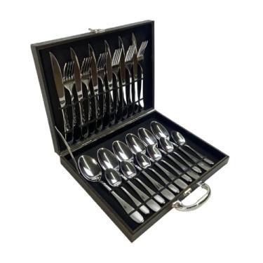 Imagem de Conjunto de Talheres 24 Peças em Aço Inoxidável com Maleta Preta, Acabamento Espelhado, 6 Colheres de Mesa, 6 Garfos, 6 Facas, 6 Colheres de Sobremesa