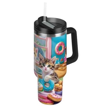 Imagem de Copo com alça de 850 g Copos de aço inoxidável com tampas e canudo Garrafa de água com isolamento térmico, caneca de café quente para carros, festa de donuts de gatinho fofo