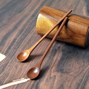 Imagem de 2 colheres de madeira de cabo longo para mel e café, colher fina para mexer para frascos, canecas e bebidas, utensílio de cozinha multiuso para misturar e colher, 21 cm