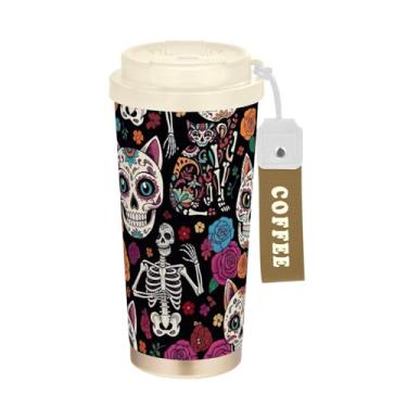 Imagem de TSENQUE Copo de café de 473 ml com revestimento cerâmico, caneca de café de aço inoxidável com tampa de enchimento e canudo, copo isolado a vácuo, caveira colorida, gatos, floral, preto