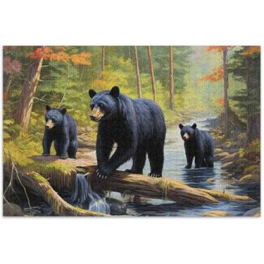 Imagem de Quebra-cabeças Floresta de Ursos Negros 500 Peças para Adultos Quebra-cabeça de Brinquedo Arte Quebra-Cabeça Cena de Outono Engraçado, 50,5 x 14,9 polegadas
