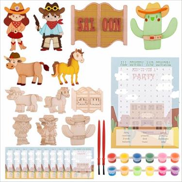 Imagem de Fiestivo Cowboy Party Favors - 18 Pcs Cowboy Craft Kits Party Supplies - Ranch Wooden Painting Kit for Kids with Word Search Cards, Ranch-Themed Birthday Goodie Bags Gifts Prizes Girls Boys