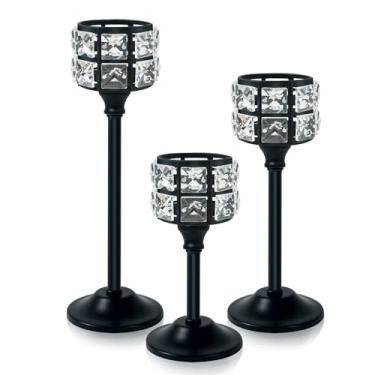 Imagem de Kehail Castiçal de metal de cristal, contas de cristal quadradas, castiçal de luz de chá, candelabro votivo alto elegante para decoração de mesa de casamento, decoração de casa (preto, conjunto de 3)