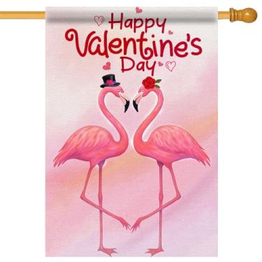 Imagem de Morigins Bandeira de jardim flamingo dia dos namorados, impressão frente e verso, tema rosa pelicano amor rosa decorado pátio exterior decoração de casa, aniversário, casamento, férias, decoração de