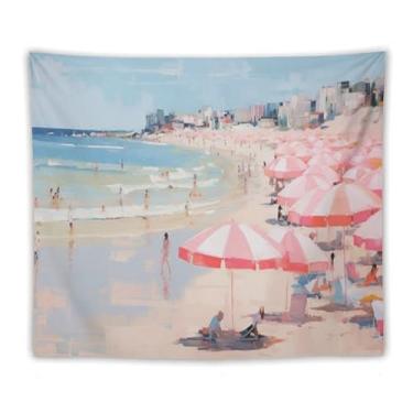 Imagem de Guarda-chuvas de praia rosa cena multidão tapeçaria de parede costal decoração de verão pastel arte do oceano para sala de estar quarto pátio vibrante destaque de praia pendurado cena animada 50 x 60
