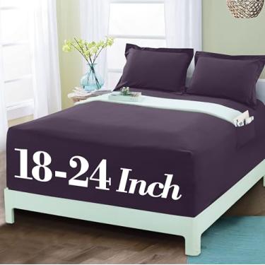 Imagem de Mocassi Lençol com elástico luxuoso 1800 de qualidade premium de hotel – Ultramacio, microfibra resistente a vincos, bolso extra profundo de 45 a 60 cm, lençol com elástico, Queen, roxo