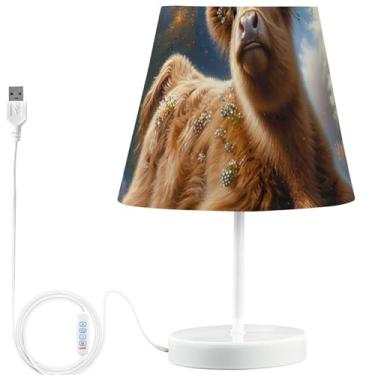 Imagem de TSENQUE Highland Candeeiro de mesa personalizado floral de vaca bezerro primavera bonito lâmpadas de cabeceira LED para mesa de cabeceira USB luminosas decorativas lâmpadas infantis para quarto