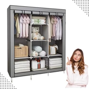Imagem de Guarda-Roupa Dobrável 3 Portas Portátil Multiuso Armário Organizador com Cabideiro Sapateira Impermeável Resistente (Cinza)