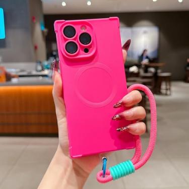 Imagem de Capa quadrada de silicone macio fosco à prova de choque para iPhone 16 15 14 Plus 13 Pro Max com cordão magnético para carregamento sem fio, rosa, para iPhone 15
