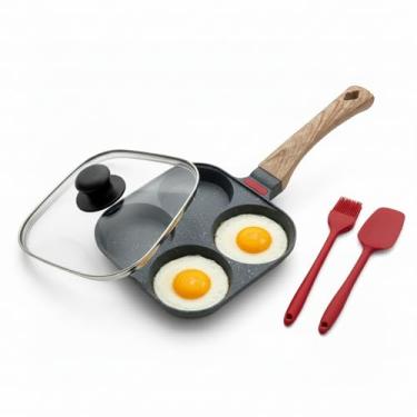 Imagem de Brandicure Frigideira de ovo antiaderente com 4 xícaras com cabo de madeira, omelete quadrada média para fogão a gás e indução, inclui espátula e escova