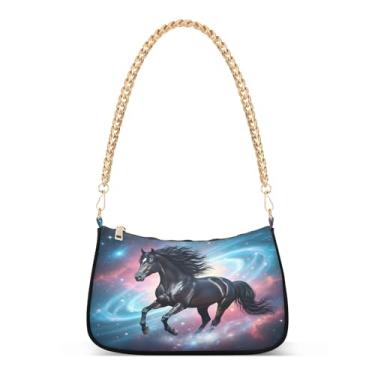 Imagem de Bolsa de ombro divertida com corrente de ombro de cavalo preto, bolsa de mão artística Hobo para mulheres, bolsa clutch moderna para noite