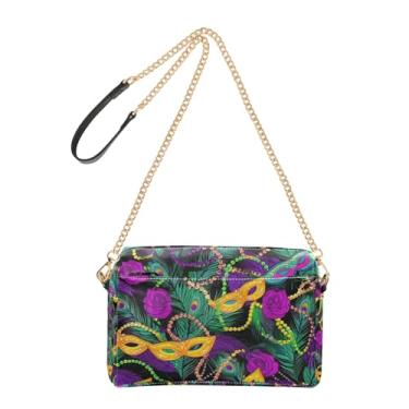 Imagem de Joitme Máscara colorida de carnaval dourada roxa bolsa tiracolo de couro PU bolsa de ombro com alça de corrente bolsa para celular