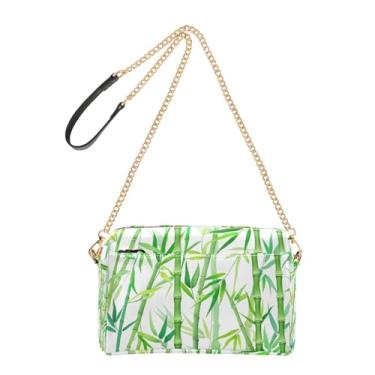 Imagem de Joitme Bolsa feminina tiracolo de bambu com folhas verdes brancas para celular, linda bolsa de ombro de couro PU, alça de corrente