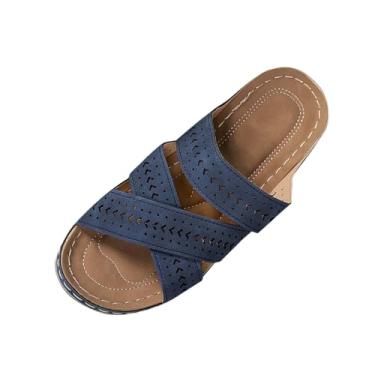 Imagem de Sandálias femininas modernas, casuais, versáteis, boca de peixe, bico aberto, uso ao ar livre, primavera e verão, fundo grosso, estilo étnico, Azul royal, 39