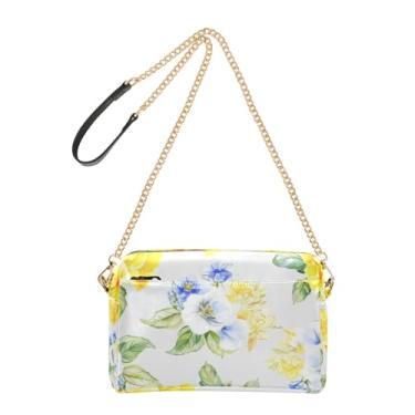 Imagem de Joitme Bolsas femininas bolsa transversal para telefone linda bolsa de ombro de couro PU com alça de corrente buquês florais amarelo azul