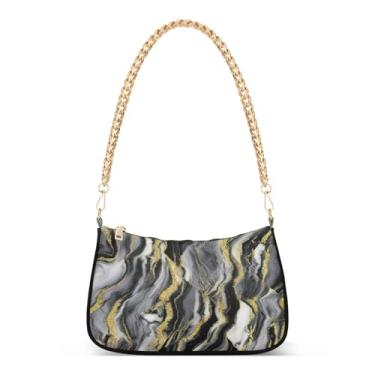 Imagem de Bolsa de ombro chique dourada preta com corrente estética, bolsa feminina Hobo para noite, roupas casuais ou de festa