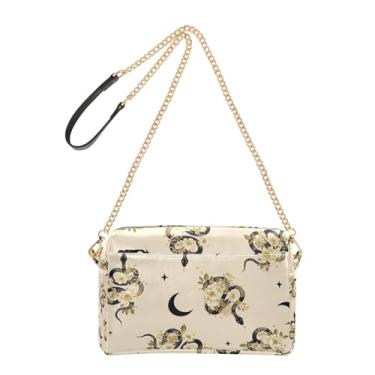 Imagem de Bolsa feminina transversal preta dourada com flores de cobra para celular bolsa de ombro de couro PU com alça de corrente