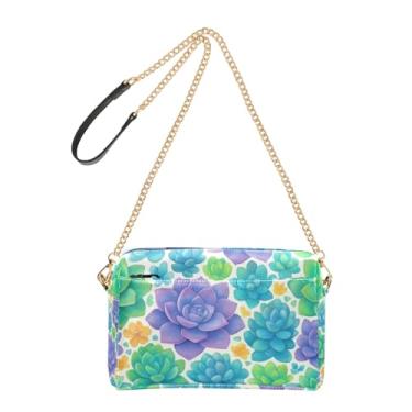 Imagem de Joitme Bolsas de ombro femininas transversais aquarela suculentas verde roxo bolsa para celular bolsa de couro PU bolsa de ombro alça de corrente