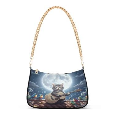 Imagem de Linda bolsa de ombro cinza com corrente de gato, bolsa Hobo com estampa artística para mulheres, bolsa média com grande capacidade e várias opções de transporte