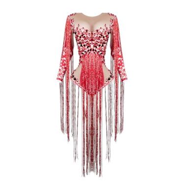 Imagem de Youmeisha Body feminino com strass e borlas espelhadas, sexy, dança latina, palco, apresentação, drag queen, festa, aniversário, fantasia (vermelho)