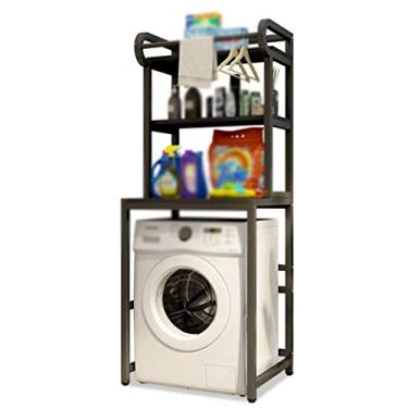 Imagem de Prateleira organizadora para máquina de lavar, prateleira de armazenamento ajustável para banheiro, unidades com haste para pendurar roupas, economiza espaço, para lavanderia, sala de estar (preto)