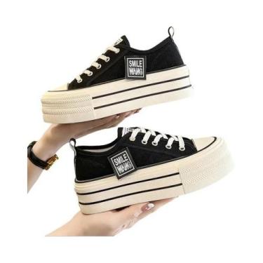 Imagem de Tênis De Lona Preto Feminino Com Plataforma, Lace-up, Confortável, Mod