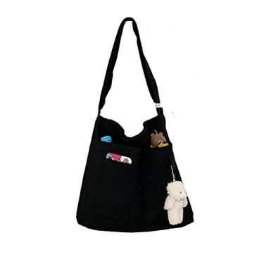 Imagem de Bolsa econômica de lona de algodão, bolsa de ombro feminina Hobo, bolsa transversal com 3 bolsos externos, fecho de zíper, Uma sacola preta, A Tote Bag-Black, Casual