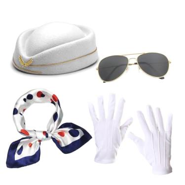 Imagem de hhdatc Conjunto de fantasia feminina de comissária de bordo de 4 peças, acessórios de aeromoça com chapéu, cachecol, óculos de sol e luvas para Halloween, cosplay e festas temáticas (branco)