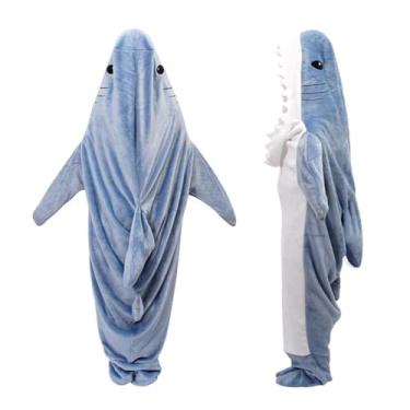 Imagem de Cobertor de tubarão com capuz adulto cobertor de tubarão animal macacão de dormir macio aconchegante pijama macacão de tubarão fantasia, Azul, Small