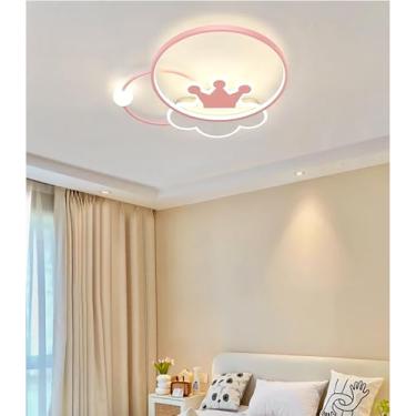 Imagem de Luminária de teto LED regulável de 50 cm em formato de coroa, ideal para quarto infantil, 46 W, com design de desenho animado em acrílico. Linda luminária com controle remoto para quartos de