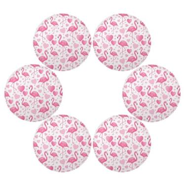 Imagem de Wassud Jogo americano conjunto de 6 tapetes de mesa redondos de corações flamingos para cozinha e jantar tapetes laváveis resistentes ao calor para decoração de mesa 39 cm