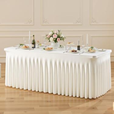 Imagem de Besutolife Toalha de mesa de elastano marfim para mesas retangulares de 2,4 m – resistente a rugas, elástica, lavável na máquina – perfeita para casamentos, banquetes, festas de aniversário, eventos