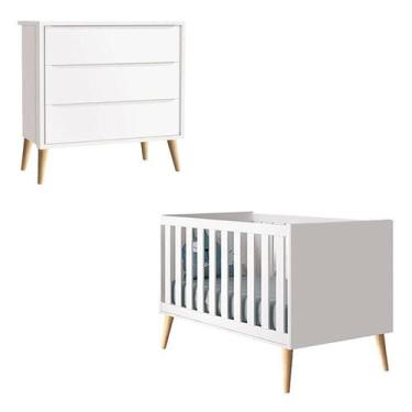 Imagem de Berço Americano e Cômoda Gaveteiro Infantil Theo Branco Acetinado com 