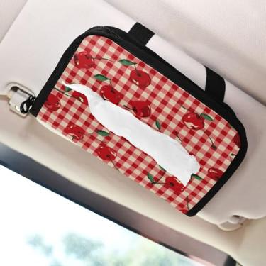 Imagem de SEHANY Porta-lenços de carro xadrez vermelho cereja, caixa de lenços para carro, viseira solar, porta-guardanapos, dispensador de máscara de carro retangular, caixa de lenços de papel de veículo para