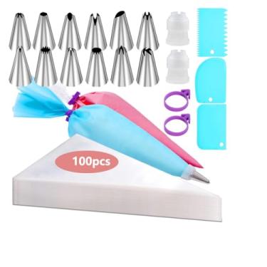 Imagem de 100 peças descartáveis + 1 conjunto de sacos de confeitar e pontas reutilizáveis – Sacos de confeitar/confeiteiro de 30 cm com 16 pontas de cobertura, 3 raspadores de bolo, 2 acopladores, 2 gravatas