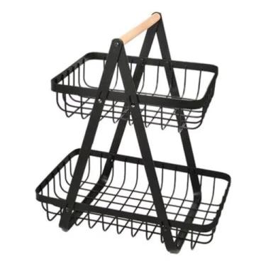 Imagem de Fruteira 2 Andares Aramada de Mesa, Metal Preto com Alça de Madeira, 23,8x14x23,5cm, Resistente para Cozinha