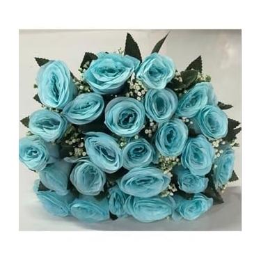 Imagem de Rosa Artificial Decorativa com 24 Flores – Buquê para Arranjos, Festas, Casamento e Decoração de Interiores(Azul Tiffany,Unidade)