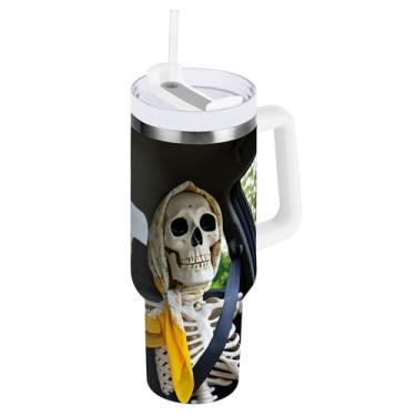 Imagem de SEHANY Copo Skull Gothic de 850 g com alça, copo isolado de aço inoxidável a vácuo de parede dupla, à prova de vazamento, copo de viagem isolado cabe no suporte de copo de carro