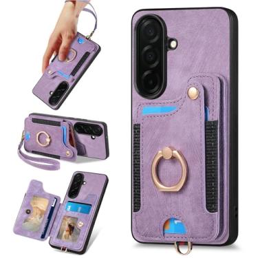 Imagem de PAOBIR Capa carteira feminina para Samsung Galaxy S26, capa flip de couro PU, porta-cartões, anel com bloqueio de RFID, alça de pulso, capa protetora magnética masculina para Galaxy S26 roxo