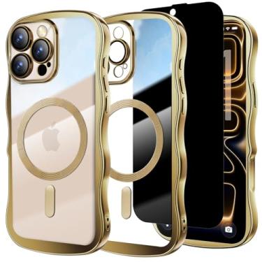 Imagem de Misscase Capa projetada para iPhone 16 Pro de 6,3 polegadas, com protetor de tela de privacidade*1, linda capa com moldura ondulada com protetor de lente de câmera, compatível com MagSafe Plating