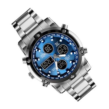 Imagem de ZJchao 1389 Relógio Masculino De Quartzo Único Moda Esporte Casual Marca Relógio De Quartzo Movimento Duplo Pulseira De Aço Inoxidável De Pulso Masculino Para Festas Ao Ar Livre (Azul)