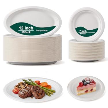 Imagem de Havawish Conjunto de 100 pratos ovais compostáveis de papel inclui 50 placas ovais descartáveis de 30 cm e 50 placas compostáveis de 18 cm, pratos de bagaço resistentes para churrasco, piquenique