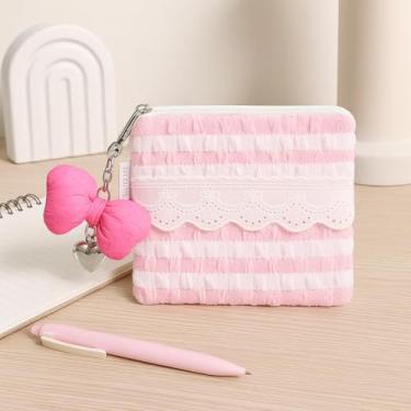 Imagem de Bolsa de maquiagem coreana Puff – Porta-moedas com acabamento em renda, bolsa leve multiuso para cosméticos e armazenamento (rosa)