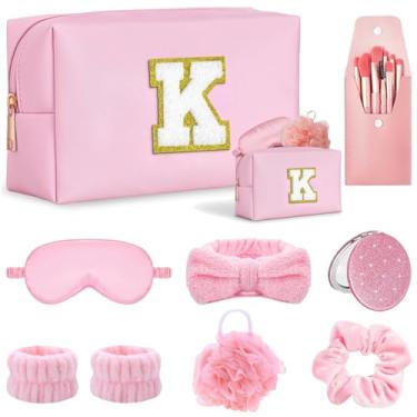Imagem de Tindisonka Conjunto de presente para mulheres, bolsa de maquiagem inicial K, kit de spa rosa, conjunto de pincéis, faixa de cabeça e pulseiras para cuidados com a pele, lembrancinhas de despedida de